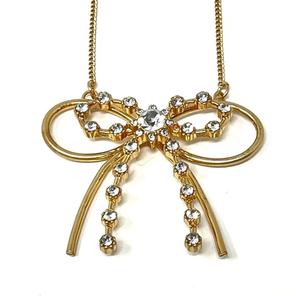 New Anthropologie Rhinestone Bow Necklace Gold - Picture 1 of 5